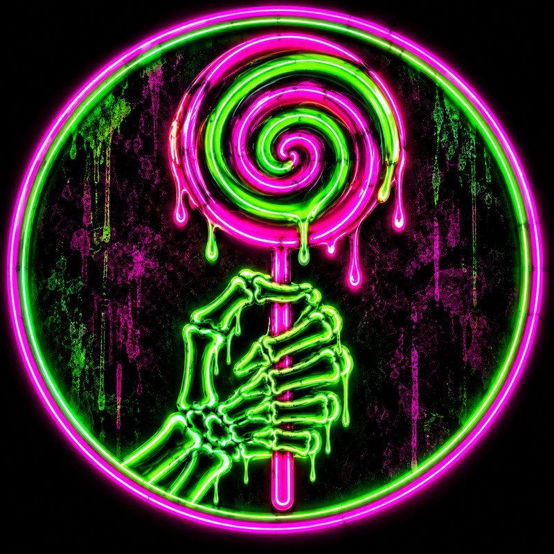 The Neon Skeleton Candystore logo: a neon green skeleton hand holding a pink and green spiral lollipop inside a glowing pink circle